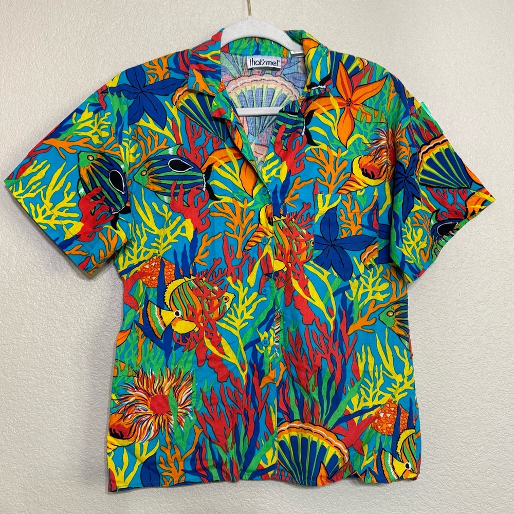 Vintage 80s 90s That’s Me Shirt Fish Coral Print Cotton Button Up Sz 13/14